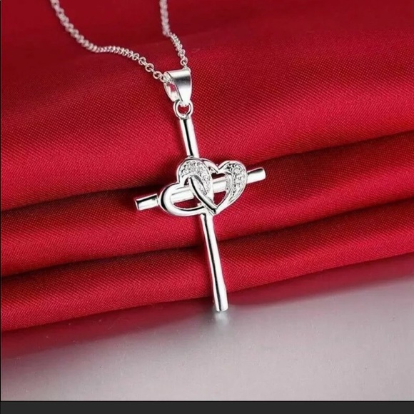 Womens 925 Sterling Silver CZ Cubic Heart
Cross Pendant Necklace 18" - Picture 2 of 2